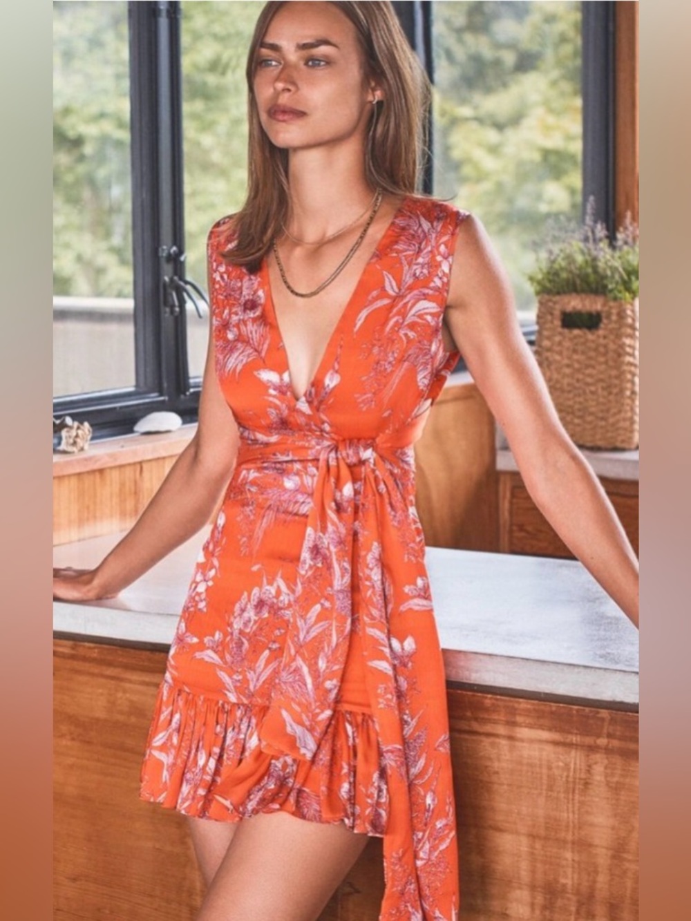 ALEXIS Floral Wrap Ruffle Hem Mini Dress | Red Coral | V-Neck | small NWT